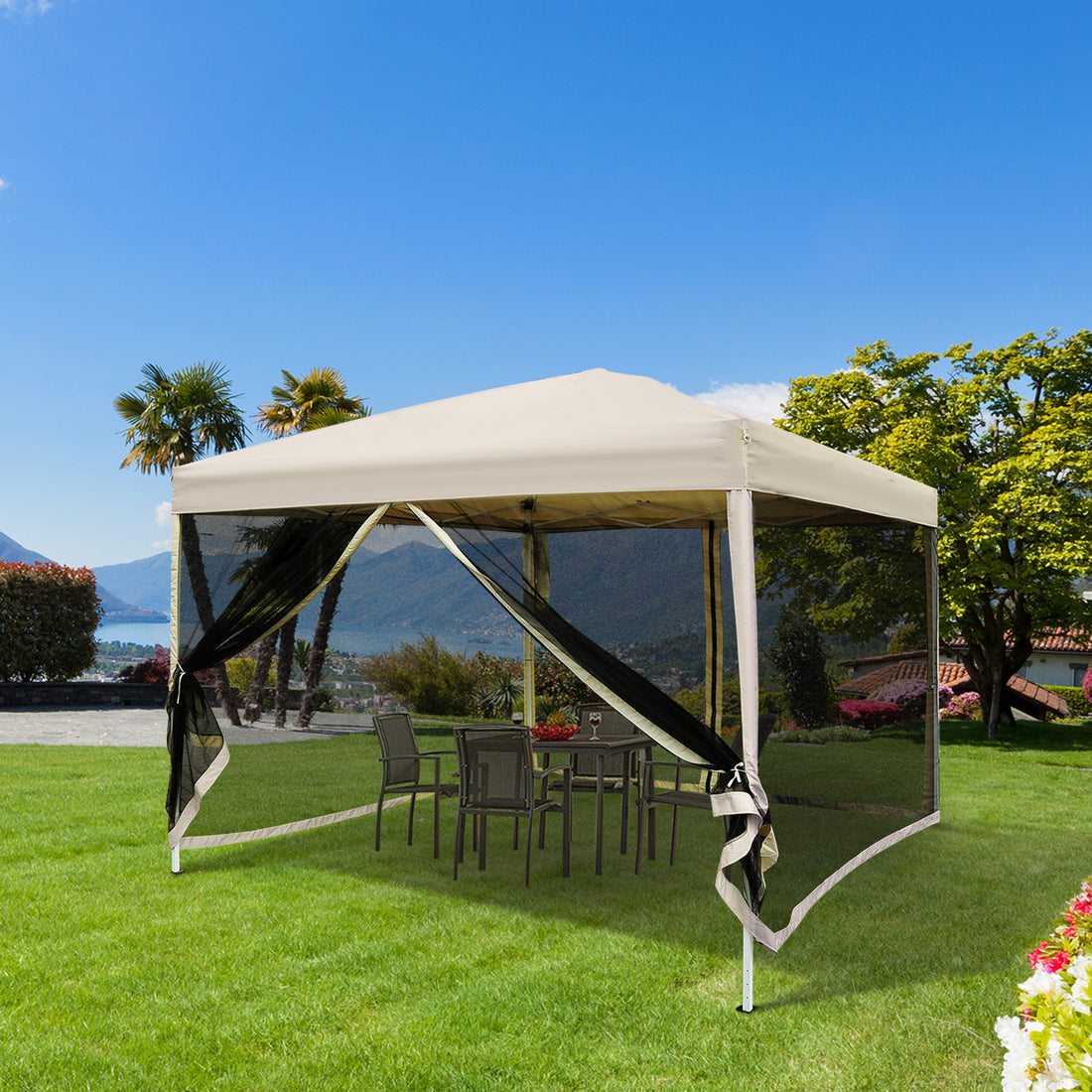 210D Oxford 10' X 10' Pop Up Canopy Tent With Netting, Instant Screen Room House, Tents For Parties, Height Adjustable, With Carry Bag, For Outdoor, Garden, Patio Beige Steel