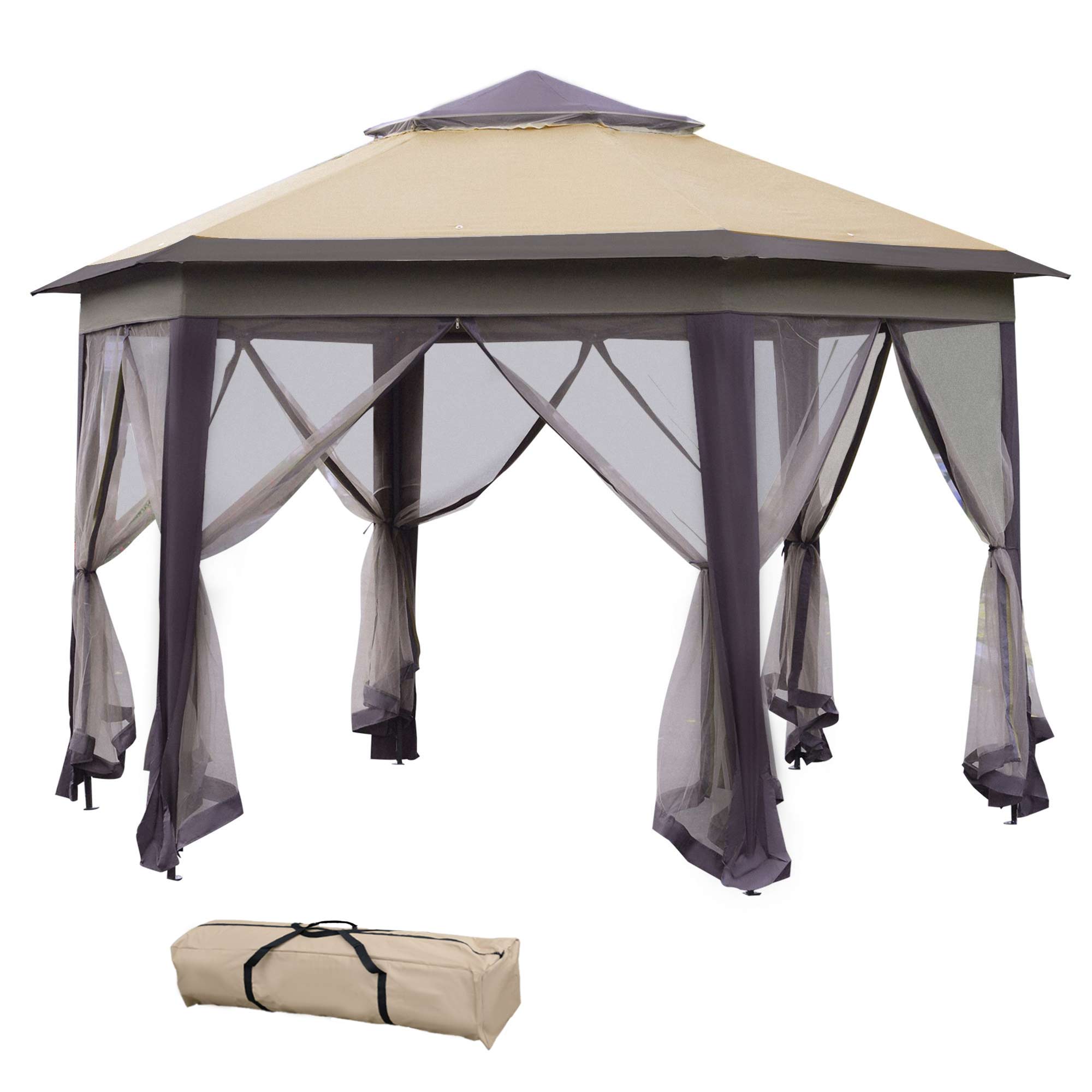 13' X 13' Pop Up Gazebo, Hexagonal Canopy Shelter With 6 Zippered Mesh Netting, Event Tent With Strong Steel Frame For Patio Backyard Garden Wedding Party Beige Steel