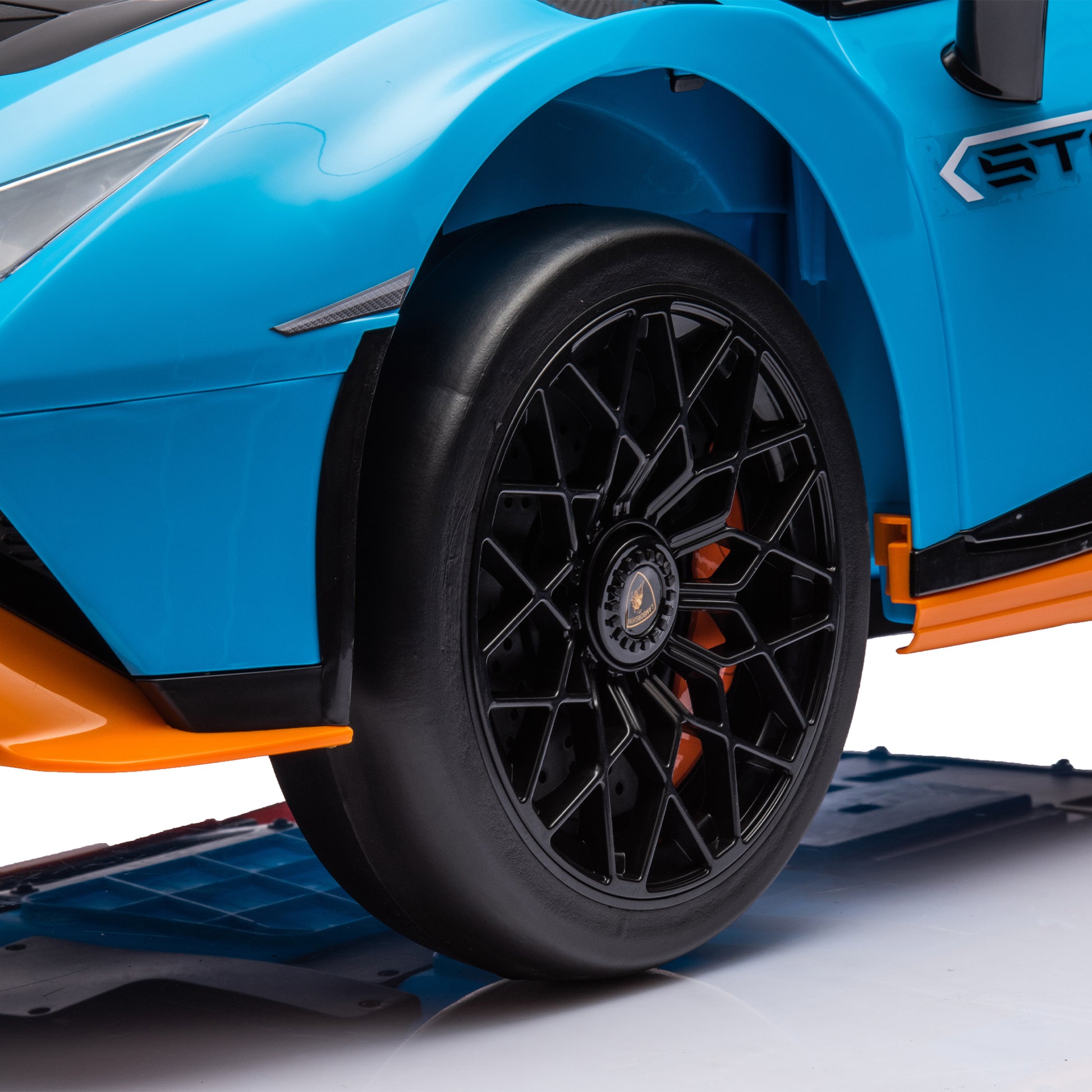 Lamborghini Huracan Sto 24V Kids Electric Ride On Drift Car: Speeds 1.86 5.59 Mph, Ages 3 8, Foam Front Wheels, 360 Spin, Led Lights, Dynamic Music, Early Learning, Usb Port, Drift Feature Blue Polypropylene