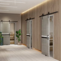 30" X 80" Melamine Integrated Door Slab 6.6Ft Sliding Track Kit Adjustable Floor Guider Pull Handle, Modern Interior Door Panel, Protected By 2Mm Thick Melamine Layer, Moisture Proof Gray Melamine