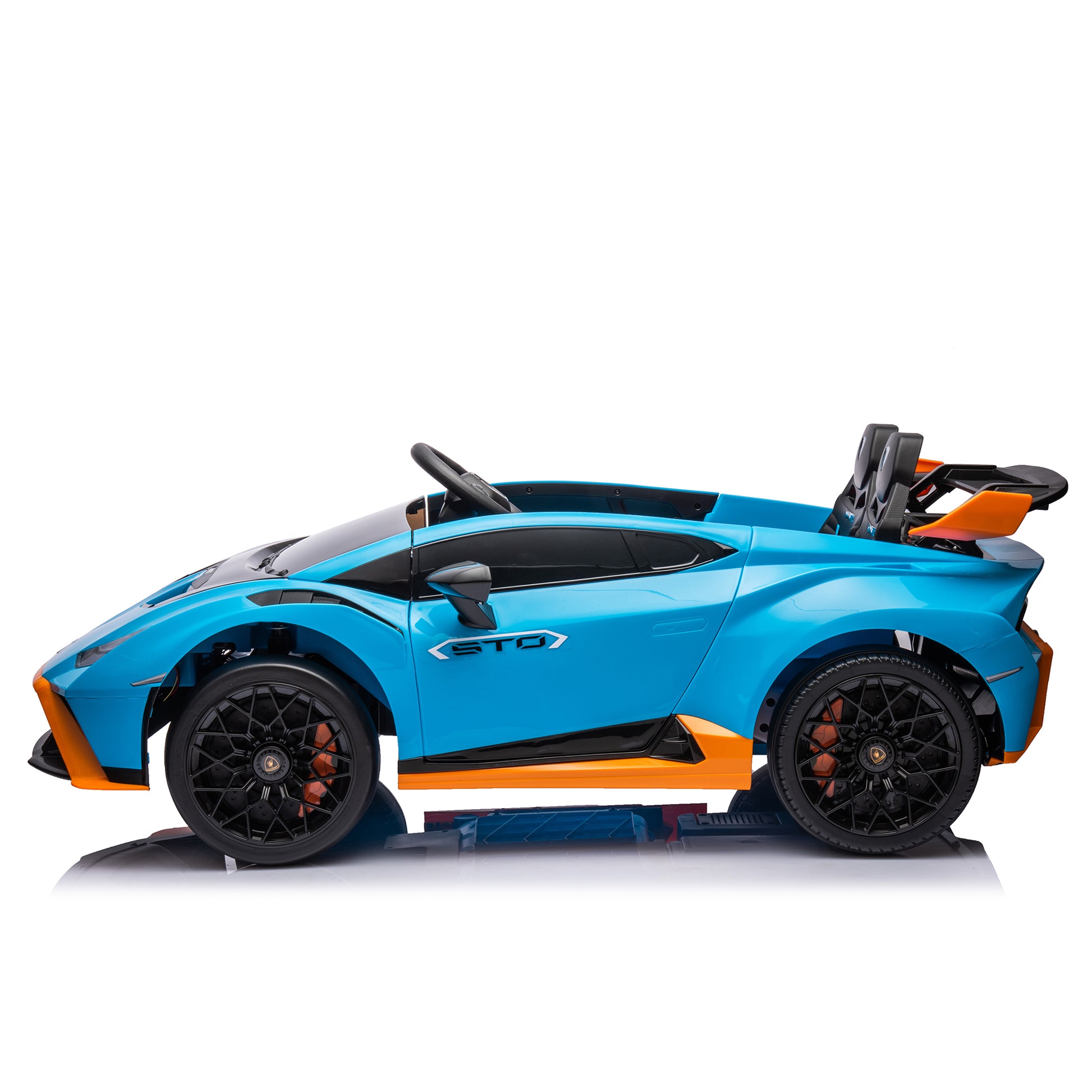 Lamborghini Huracan Sto 24V Kids Electric Ride On Drift Car: Speeds 1.86 5.59 Mph, Ages 3 8, Foam Front Wheels, 360 Spin, Led Lights, Dynamic Music, Early Learning, Usb Port, Drift Feature Blue Polypropylene