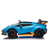 Lamborghini Huracan Sto 24V Kids Electric Ride On Drift Car: Speeds 1.86 5.59 Mph, Ages 3 8, Foam Front Wheels, 360 Spin, Led Lights, Dynamic Music, Early Learning, Usb Port, Drift Feature Blue Polypropylene