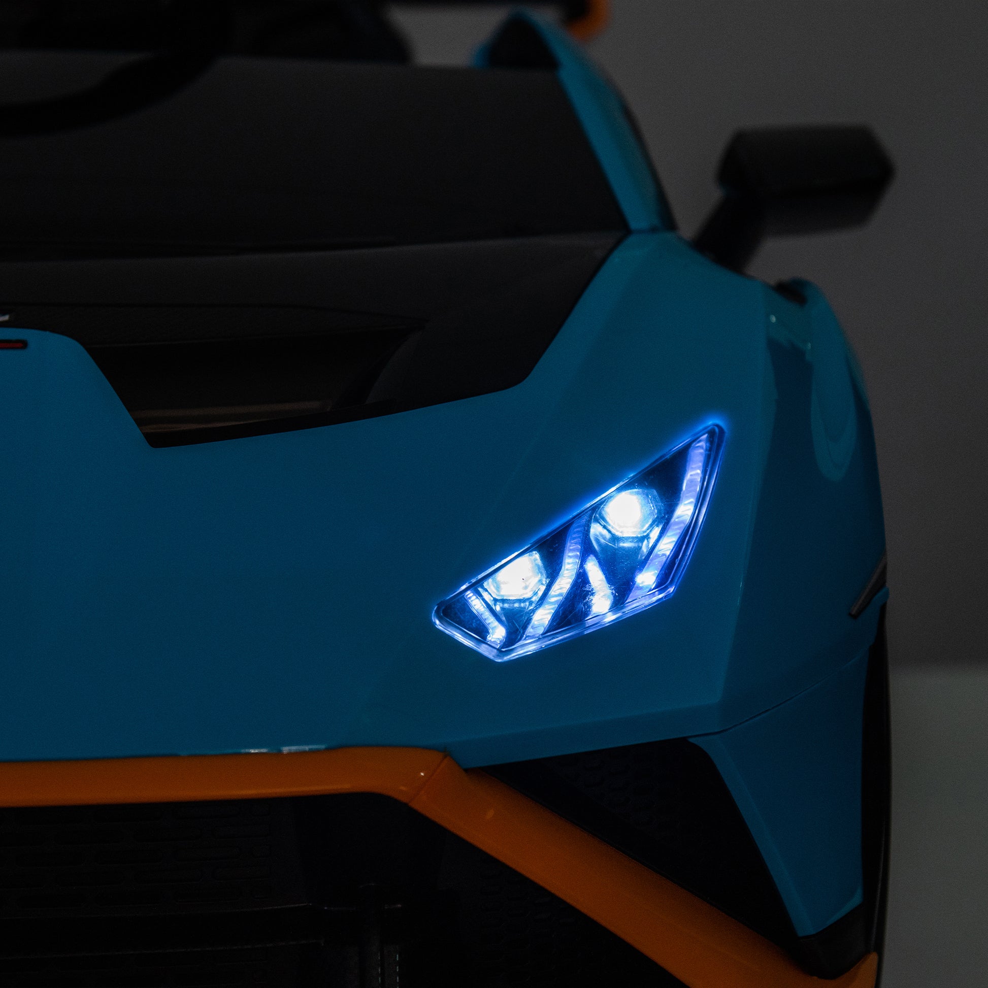 Lamborghini Huracan Sto 24V Kids Electric Ride On Drift Car: Speeds 1.86 5.59 Mph, Ages 3 8, Foam Front Wheels, 360 Spin, Led Lights, Dynamic Music, Early Learning, Usb Port, Drift Feature Blue Polypropylene