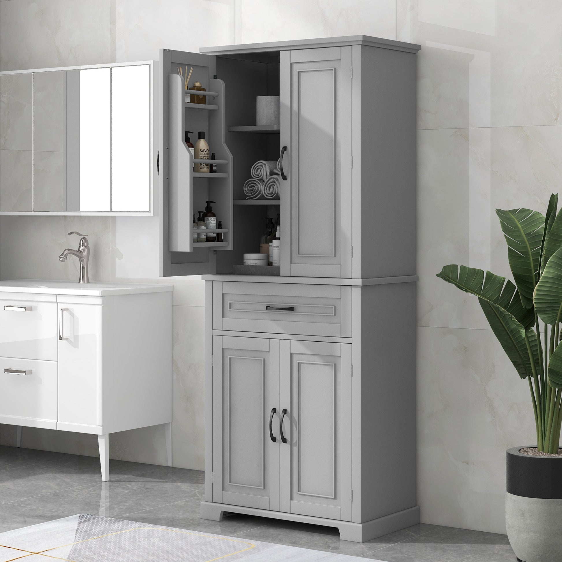 Bathroom Storage Cabinet With Doors And Drawer, Multiple Storage Space, Adjustable Shelf, Grey Grey Mdf