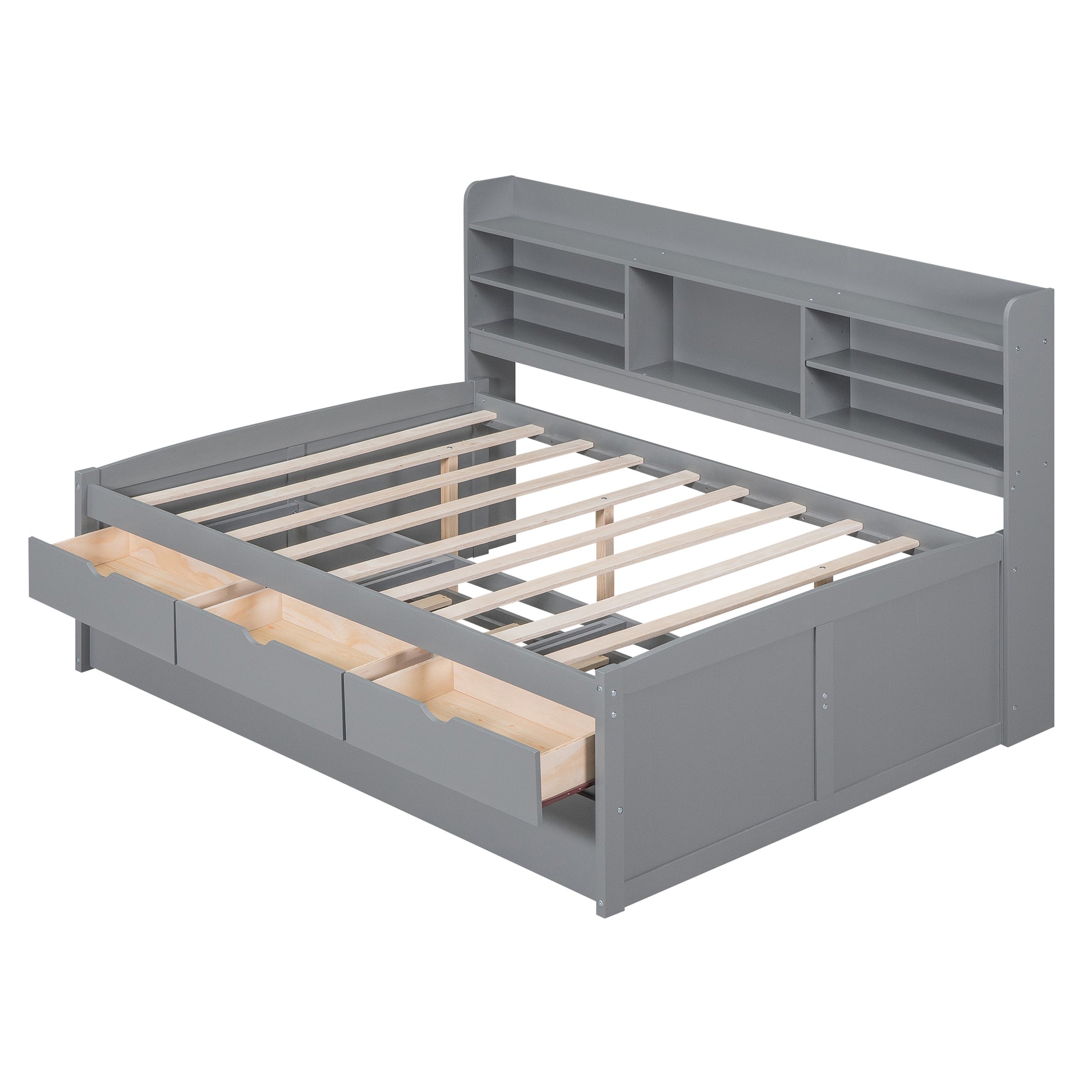 Full Size Wooden Captain Bed With Built In Bookshelves,Three Storage Drawers And Trundle,Light Grey Old Sku:Gx001029Aae Light Grey Solid Wood Mdf