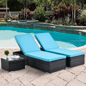 Outdoor Patio Chaise Lounge Chair,Lying In Bed With Pe Rattan And Steel Frame,Pe Wickers,Pool Recliners With Elegant Reclining Adjustable Backrest And Removable Cushions Sets Of 3 Brown Blue Yes Lounge Brown Blue Weather Resistant Frame Garden & Outdoor