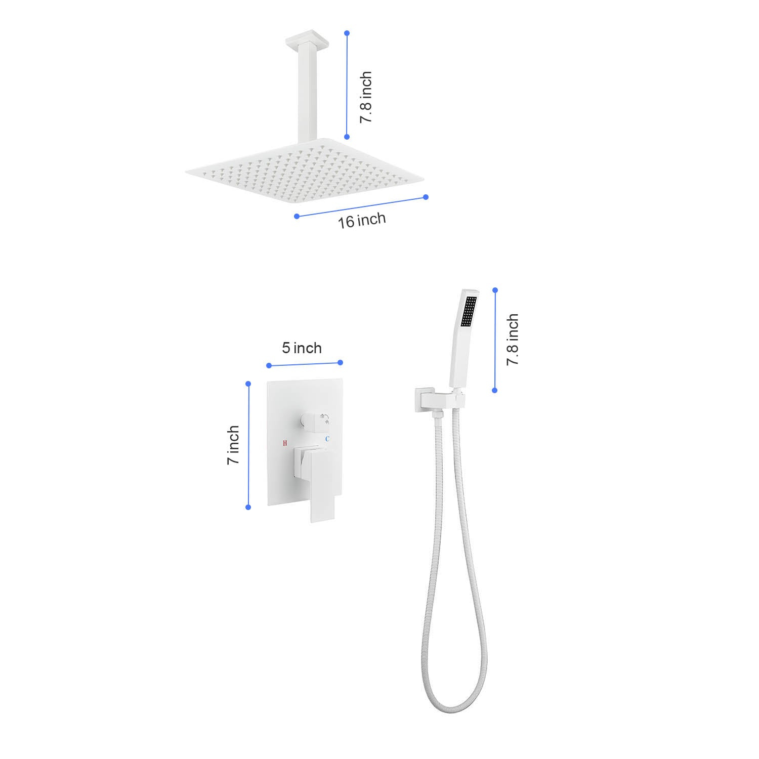 16" Shower Head System Ceiling Mounted Shower One White Wall Mounted Bathroom Brass