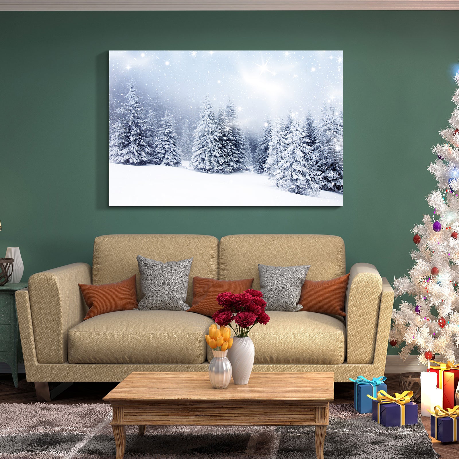 Framed Canvas Wall Art Decor Painting For Chrismas, Winter Pine Forest Chrismas Gift Painting For Chrismas Gift, Decoration For Chrismas Eve Office Living Room, Bedroom Decor Ready To Han Rectangle Framed Multicolor Christmas Oversized 41In Canvas