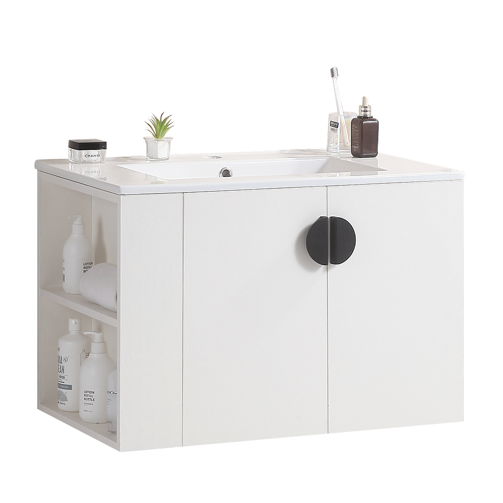 30" Bathroom Vanity With Sink,With Two Doors Cabinet Bathroom Vanity Set With Side Left Open Storage Shelf,Solid Wood,Excluding Faucets,White White Solid Wood