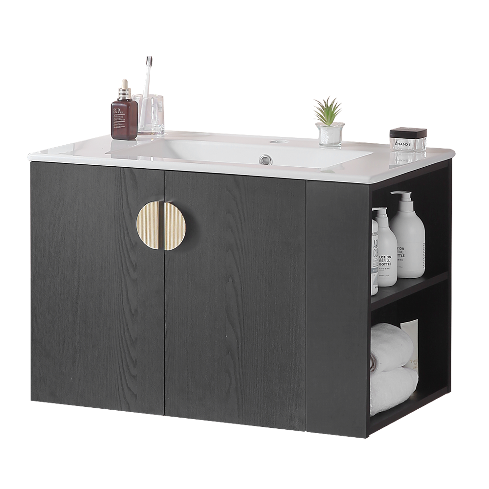 30" Bathroom Vanity With Sink,With Two Doors Cabinet Bathroom Vanity Set With Side Right Open Storage Shelf,Solid Wood,Excluding Faucets,Black Black Solid Wood