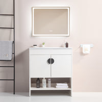 24" Bathroom Vanity,With White Ceramic Basin,Two Cabinet Doors With Black Zinc Alloy Handles,Solid Wood,Excluding Faucets,White White Solid Wood