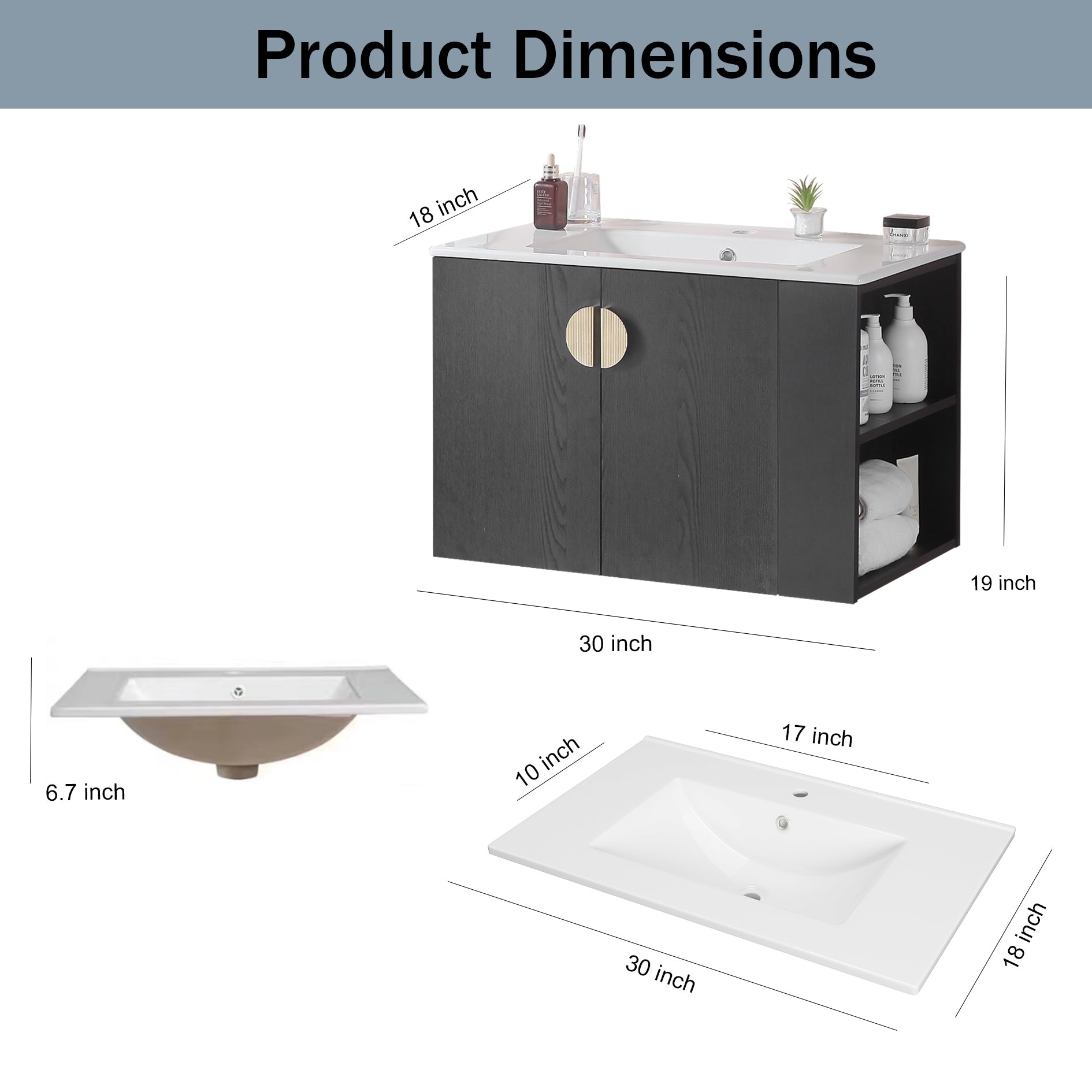 30" Bathroom Vanity With Sink,With Two Doors Cabinet Bathroom Vanity Set With Side Right Open Storage Shelf,Solid Wood,Excluding Faucets,Black Black Solid Wood