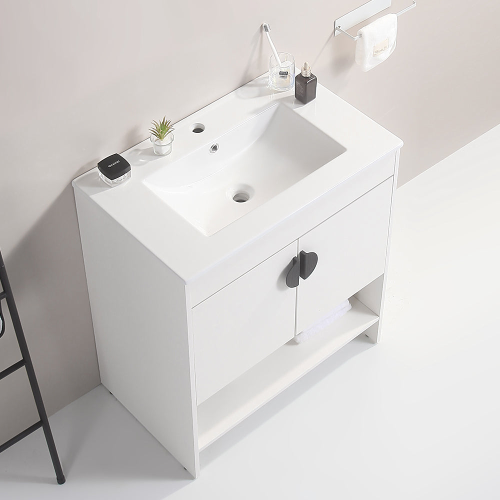 24" Bathroom Vanity,With White Ceramic Basin,Two Cabinet Doors With Black Zinc Alloy Handles,Solid Wood,Excluding Faucets,White White Solid Wood