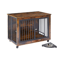 Furniture Style Dog Crate Side Table With Rotatable Feeding Bowl, Wheels, Three Doors, Flip Up Top Opening. Indoor, Rustic Brown, 38.58"W X 25.2"D X 27.17"H Rustic Brown Particle Board