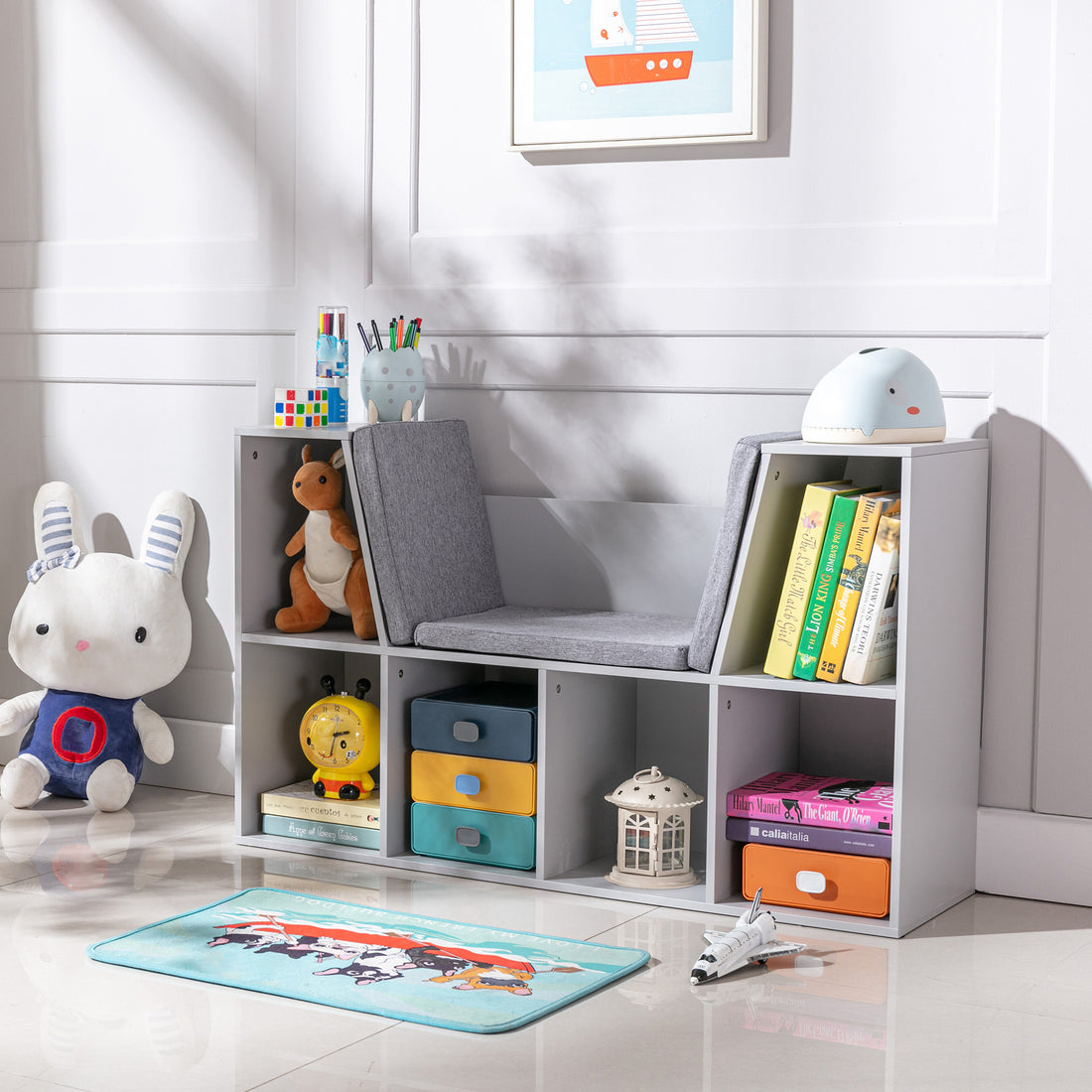 6 Cubby Kids Bookcase With Reading Nook And Cushion, Multi Purpose Storage Organizer For Bedroom, Living Room, Grey Gray Mdf