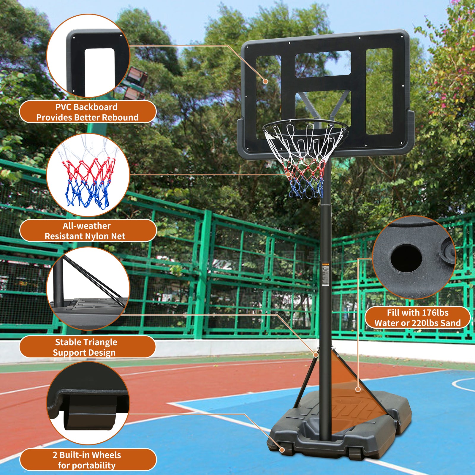 Portable Basketball Hoop Height Adjustable Basketball Hoop Stand 6.6Ft 10Ft With 44 Inch Backboard And Wheels For Adults Teens Outdoor Indoor Black Iron