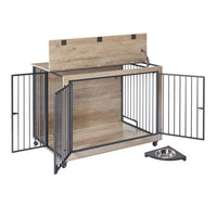 Furniture Style Dog Crate Side Table With Rotatable Feeding Bowl, Wheels, Three Doors, Flip Up Top Opening. Indoor, Grey, 43.7"W X 30"D X 33.7"H Grey Particle Board