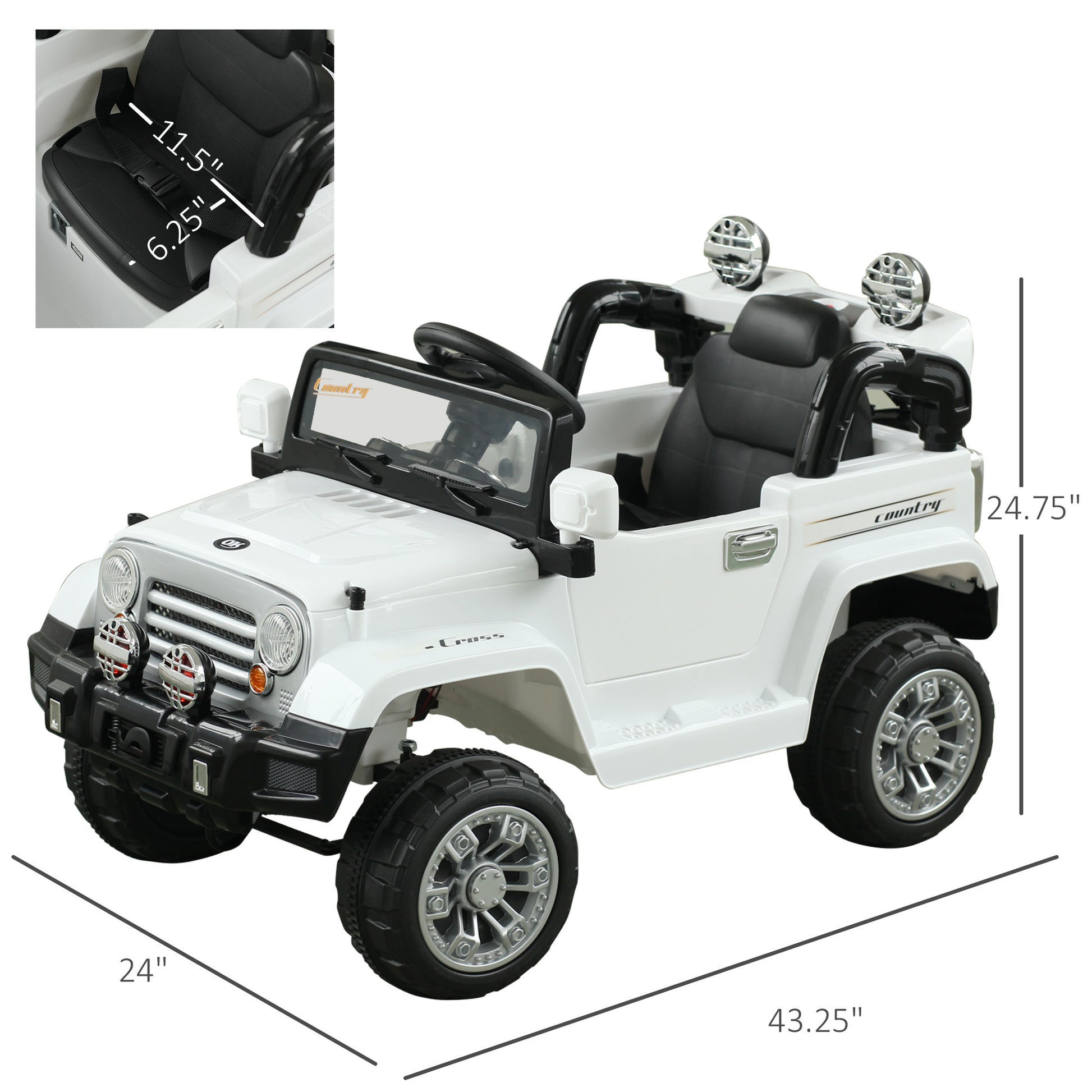 Kids Ride On Car, Off Road Truck With Mp3 Connection, Working Horn, Steering Wheel, And Remote Control, 12V Motor, White White Steel