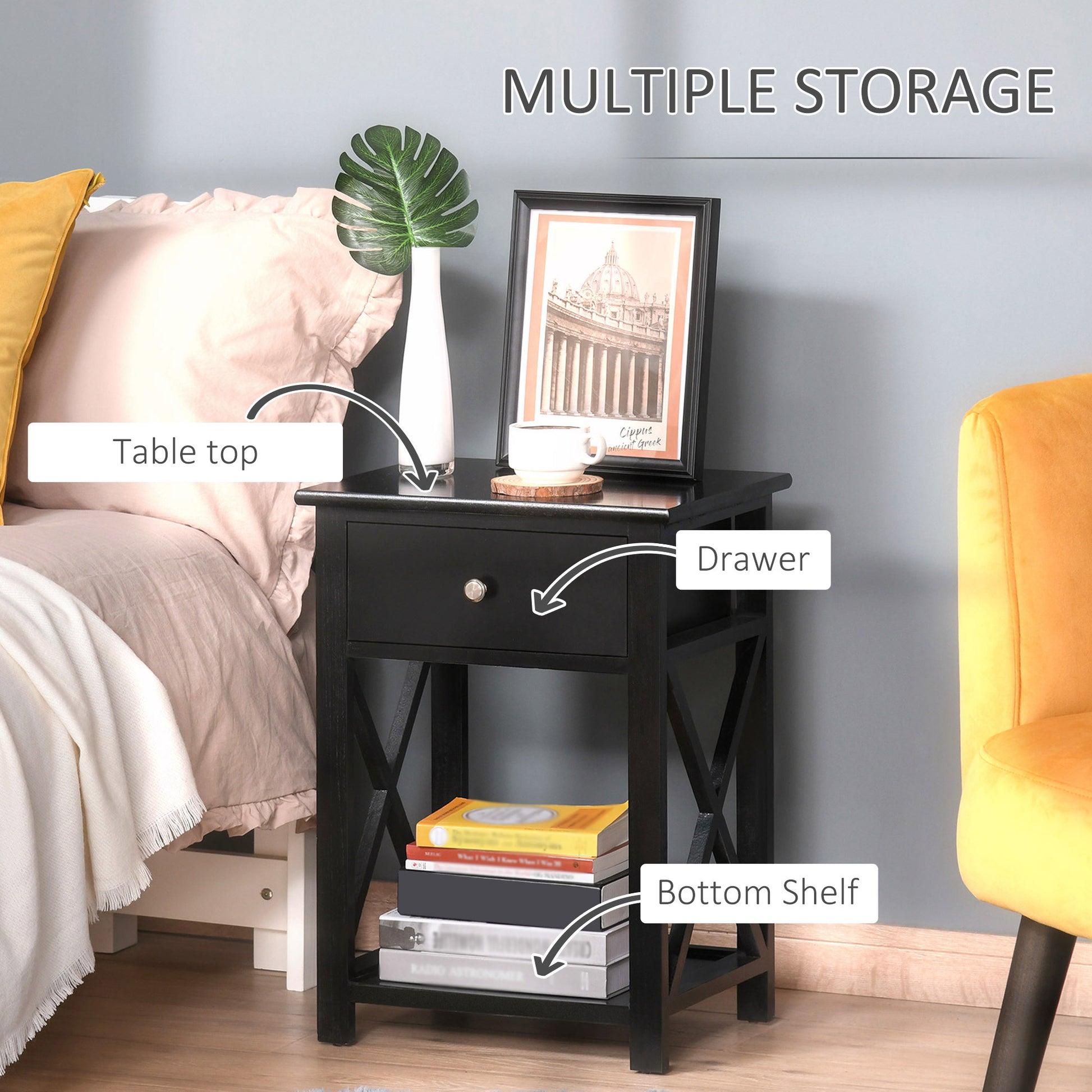 Side Table, Farmhouse End Table With Storage Drawer, Open Shelf And X Frame, Bedside Table For Living Room, Black Black Engineered Wood