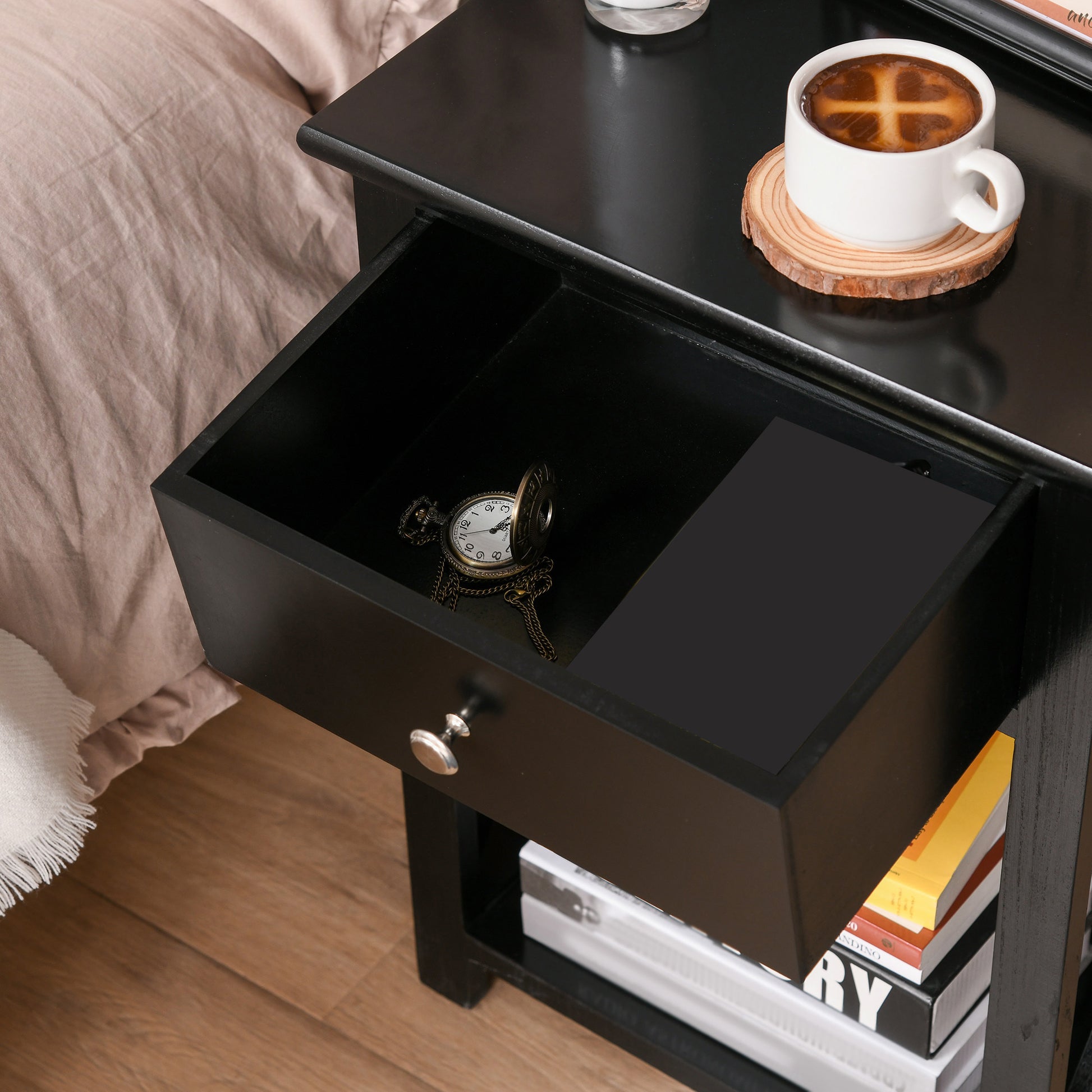 Side Table, Farmhouse End Table With Storage Drawer, Open Shelf And X Frame, Bedside Table For Living Room, Black Black Engineered Wood