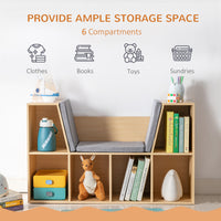 6 Cubby Kids Bookcase With Reading Nook And Cushion, Multi Purpose Storage Organizer For Bedroom, Living Room, Natural Natural Mdf