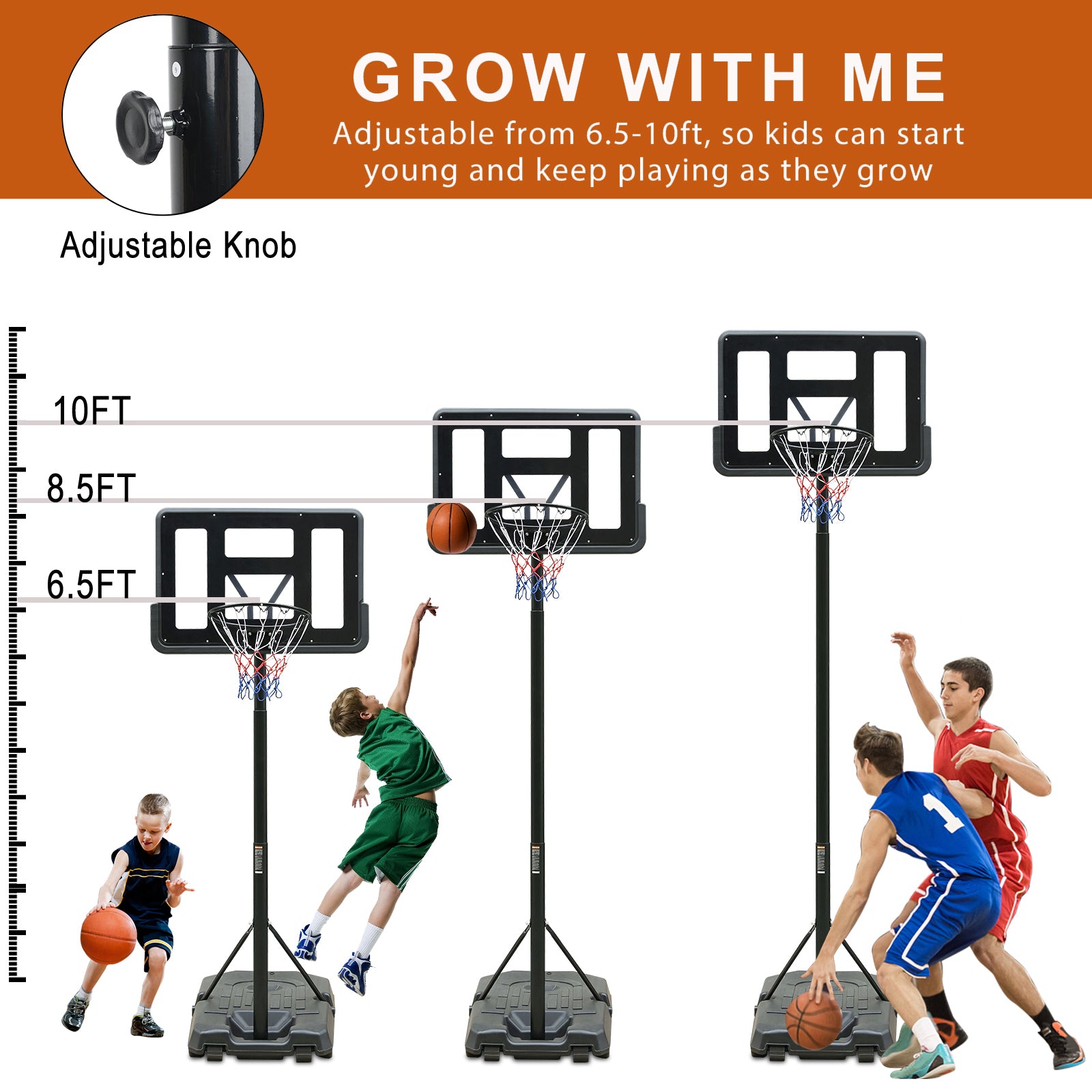 Portable Basketball Hoop Height Adjustable Basketball Hoop Stand 6.6Ft 10Ft With 44 Inch Backboard And Wheels For Adults Teens Outdoor Indoor Black Iron