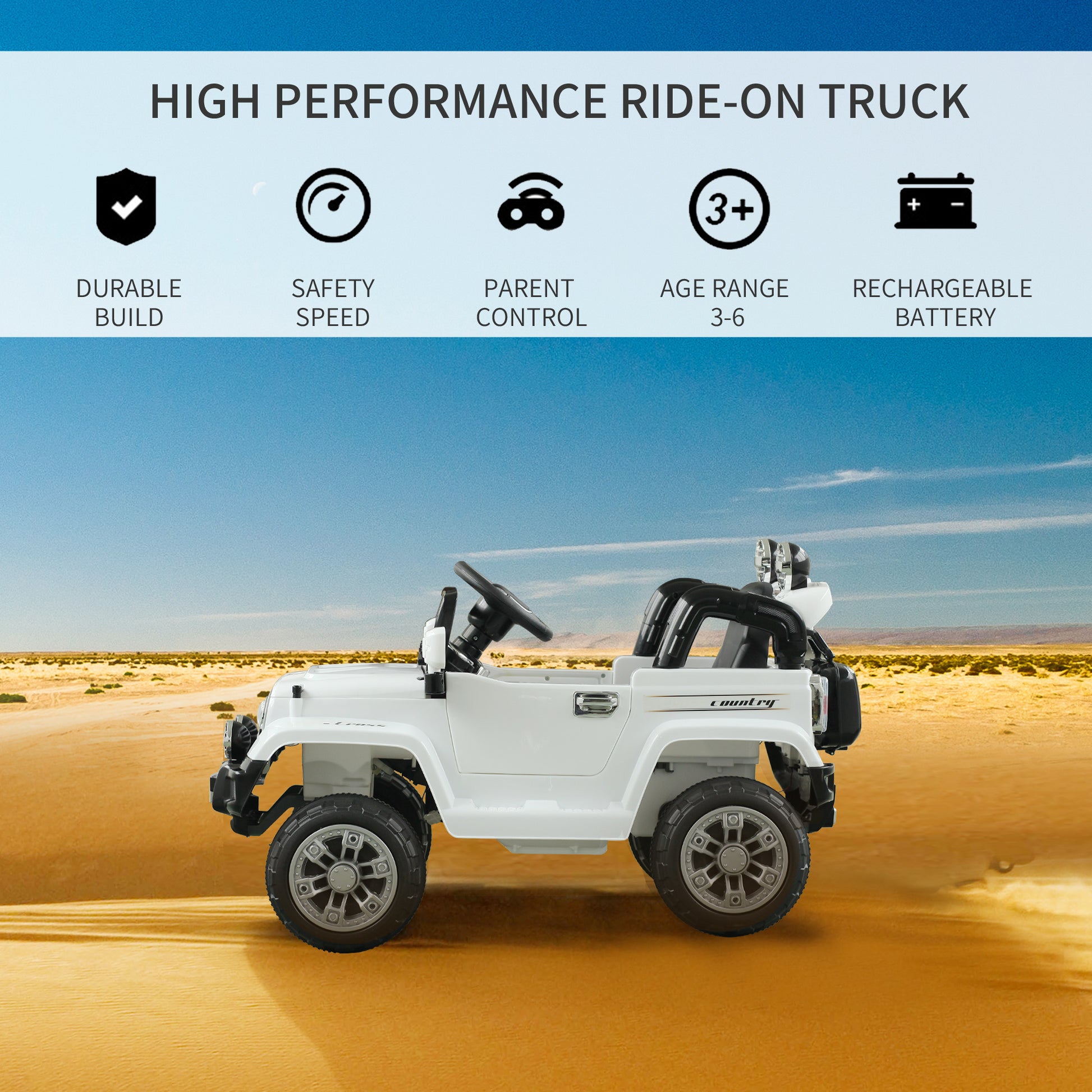 Kids Ride On Car, Off Road Truck With Mp3 Connection, Working Horn, Steering Wheel, And Remote Control, 12V Motor, White White Steel