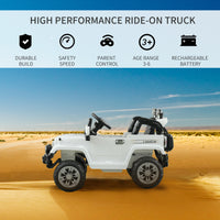 Kids Ride On Car, Off Road Truck With Mp3 Connection, Working Horn, Steering Wheel, And Remote Control, 12V Motor, White White Steel