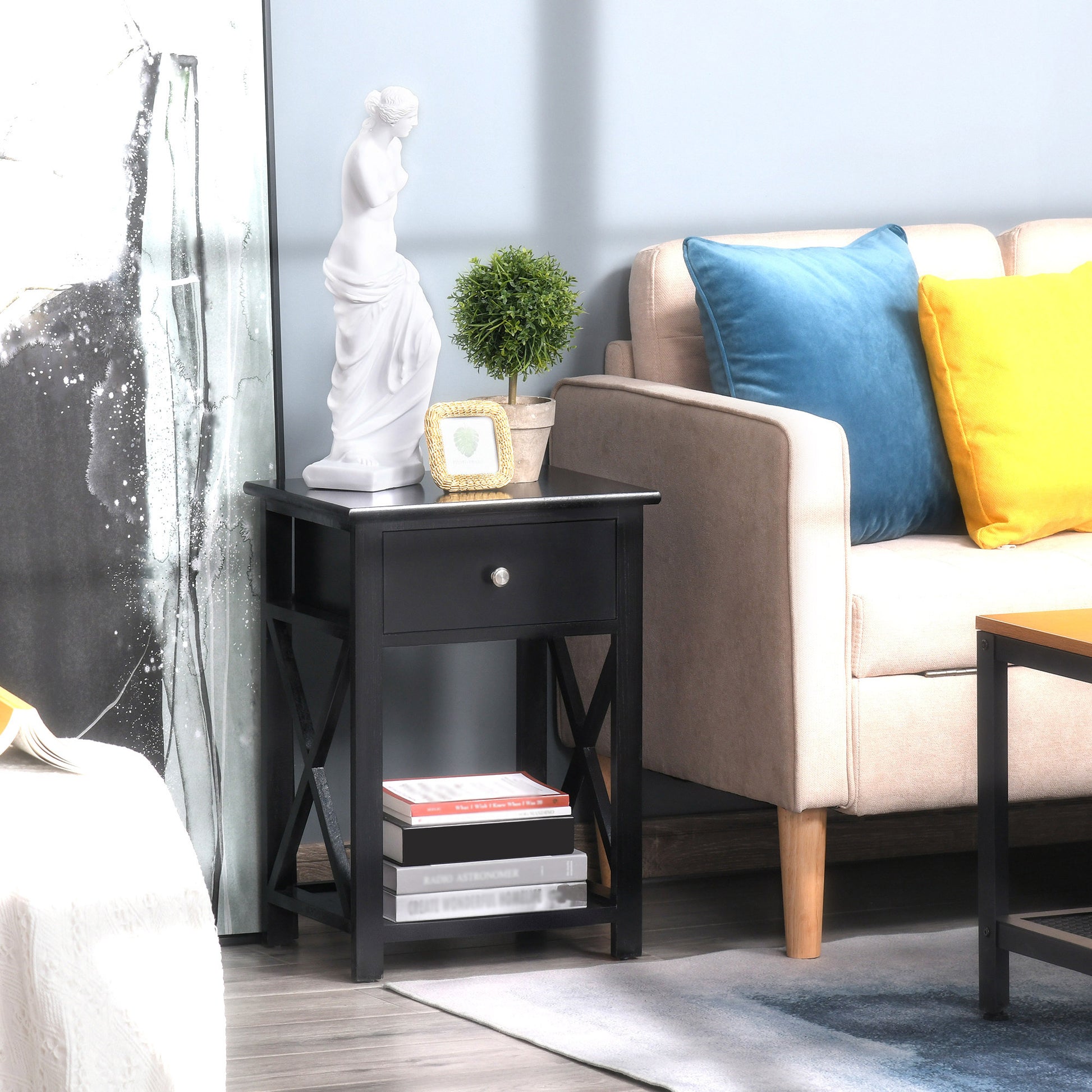 Side Table, Farmhouse End Table With Storage Drawer, Open Shelf And X Frame, Bedside Table For Living Room, Black Black Engineered Wood