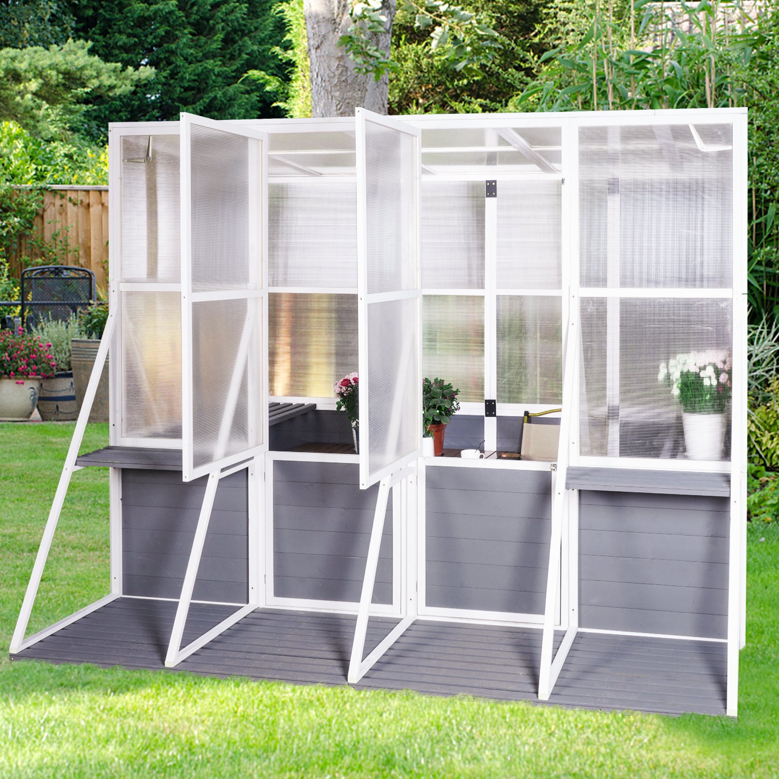 Greenhouse, Wooden Lean To Greenhouses For Outdoors, Heavy Duty Walk In Green House For Outside Winter, Large Hot House For Sunroom Storage Shed, Garden, Backyard 103.9''X98.4''X77.6'' White Gray Weather Resistant Frame Garden & Outdoor Wood Glass