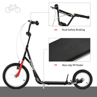 Youth Scooter, Teens Kick Scooter, Adjustable Handlebar Ride On Toy For 5 With 16" Front And 12" Rear Dual Brakes Inflatable Wheels, Black Black Steel