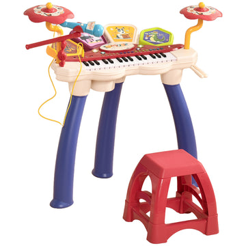 2 In 1 Kids Piano Keyboard With Drum Set, 32 Key Electronic Musical Instrument With Multiple Sounds, Lights, Microphone, Stool, Mp3, U Disk, Auto Hibernation Function For Girls & Boys Multi Abs