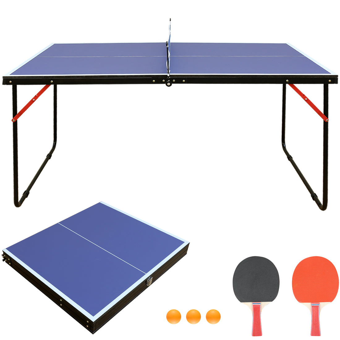 Table Tennis Table Midsize Foldable & Portable Ping Pong Table Set With Net And 2 Ping Pong Paddles For Indoor Outdoor Game Blue Mdf