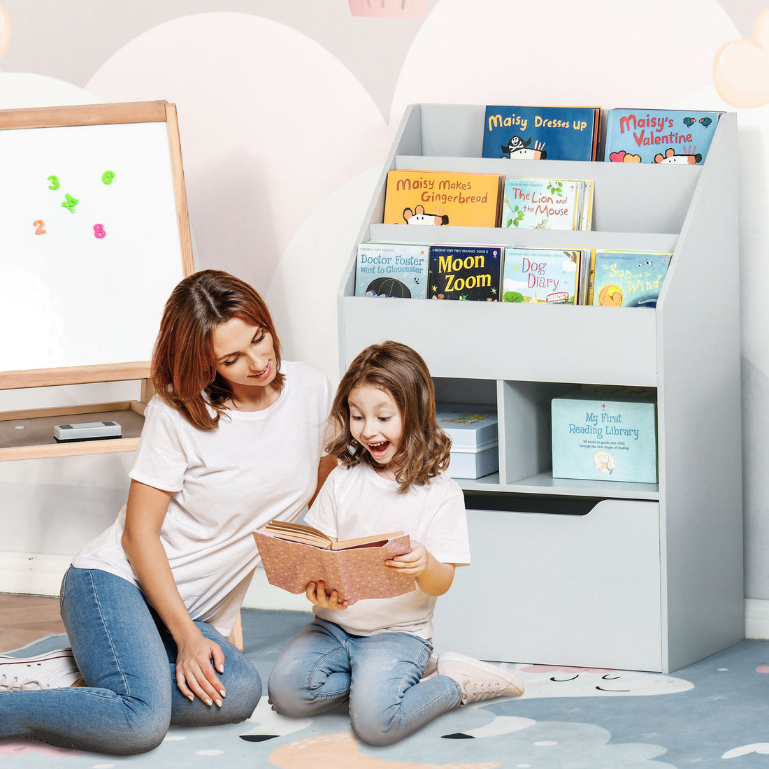 Kids Bookcase Multi Shelf Rack Organizer With Storage Drawer For Books For Bedroom Or Playroom, Grey Gray Mdf