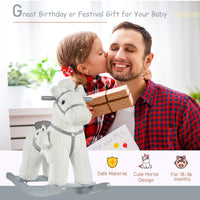Kids Plush Ride On Rocking Horse With Bear Toy, Children Chair With Soft Plush Toy & Fun Realistic Sounds, White White Plush