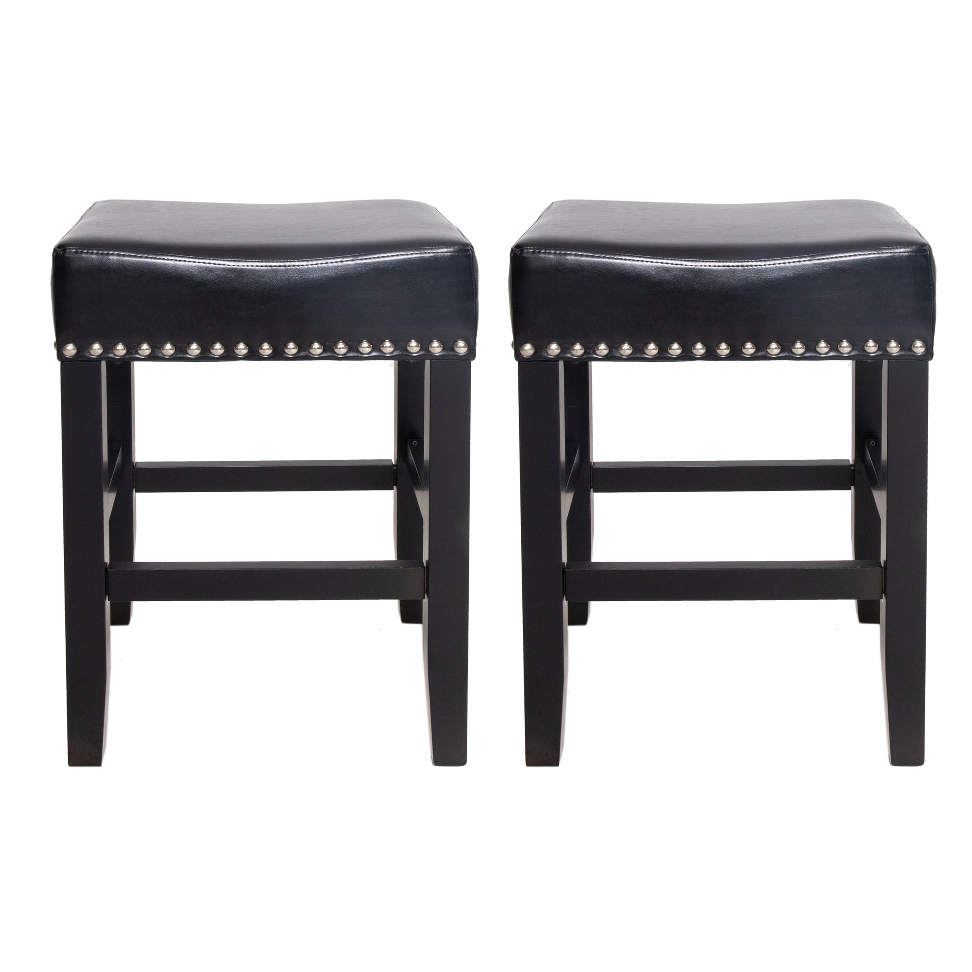 26" Backless Leather Counter Stools, 2 Pcs Set, Black Black Leather