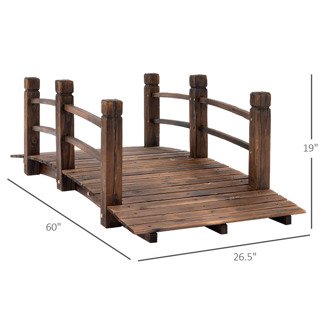 Fir Wood Garden Bridge Arc Walkway With Side Railings For Backyards, Gardens, And Streams, Stained Wood, 60" X 26.5" X 19" Brown Wood