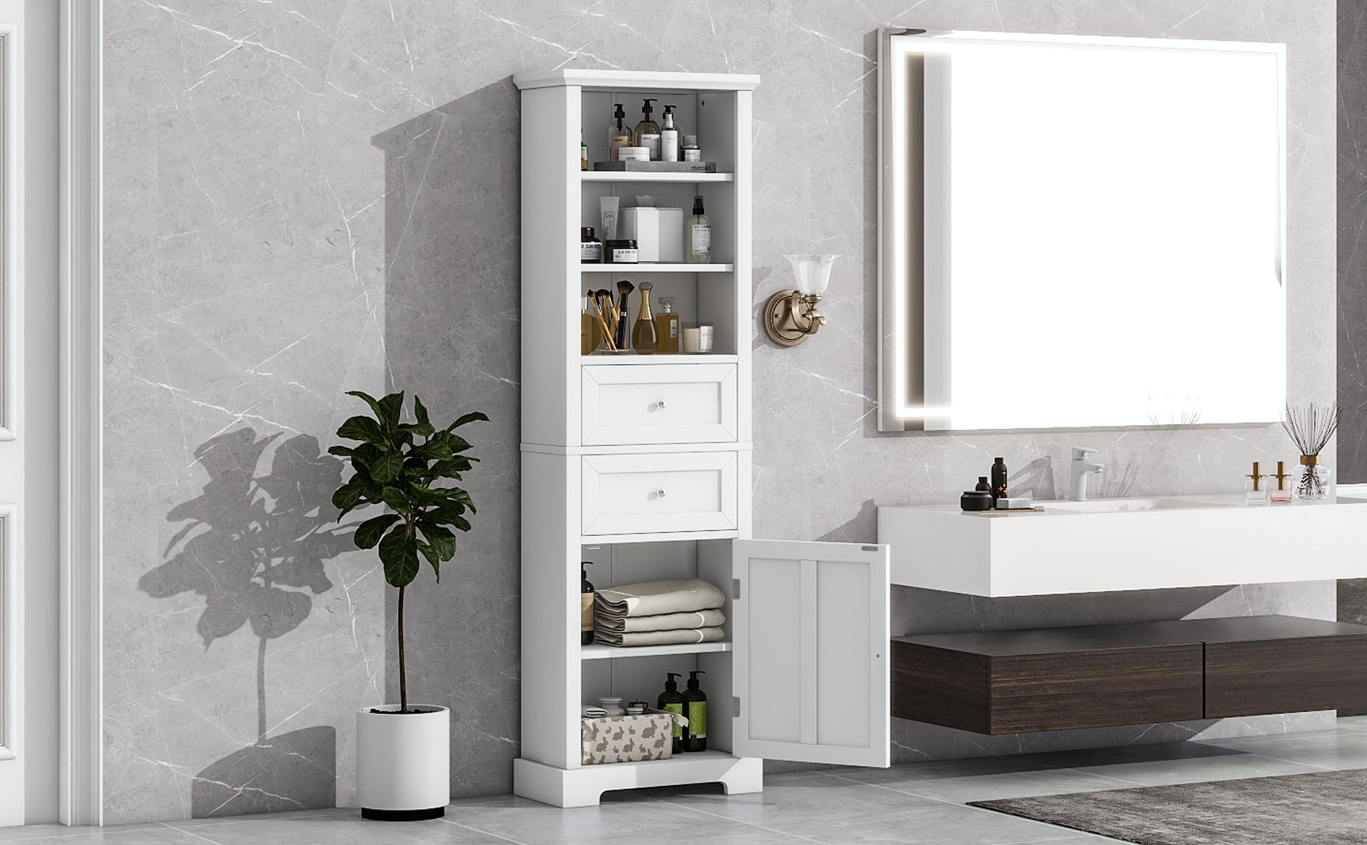 Tall Bathroom Storage Cabinet,Cabinet With One Door And Two Drawers, Freestanding Storage Adjustable Shelf, Mdf Board,White White Mdf