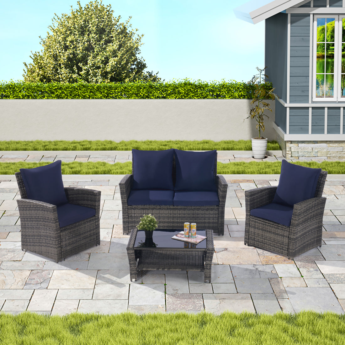 4 Pieces Outdoor Patio Furniture Sets Garden Rattan Chair Wicker Set, Poolside Lawn Chairs With Tempered Glass Coffee Table Porch Furniture, Gray Rattan Dark Blue Color Cushion Yes Complete Patio Set Dark Gray Water Resistant Frame Water Resistant