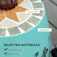 12" Patio Round Side Table, Outdoor Footstool, Garden Mosaic Accent Side Table, Plant Stand, Blue Blue Steel