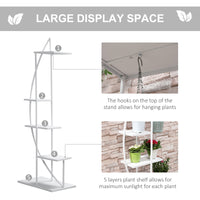 5 Tier Metal Plant Stand With Hangers, Half Moon Shape Flower Pot Display Shelf For Living Room Patio Garden Balcony Decor, White White Metal