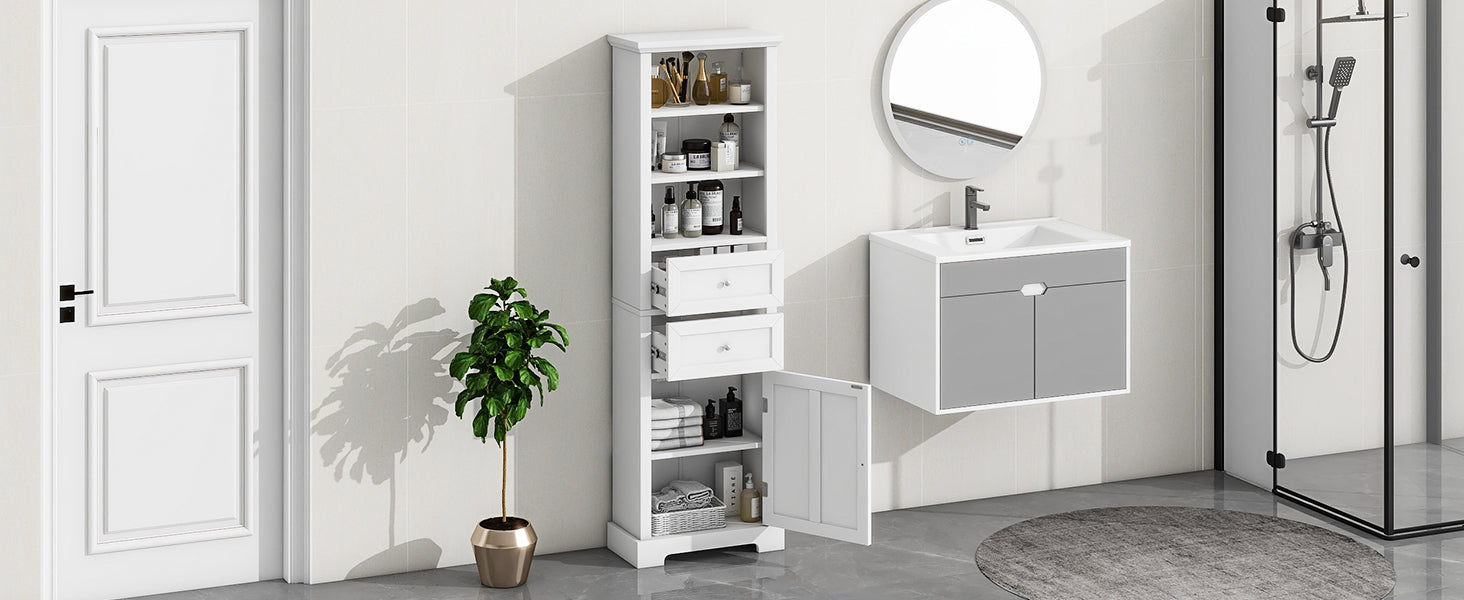 Tall Bathroom Storage Cabinet,Cabinet With One Door And Two Drawers, Freestanding Storage Adjustable Shelf, Mdf Board,White White Mdf