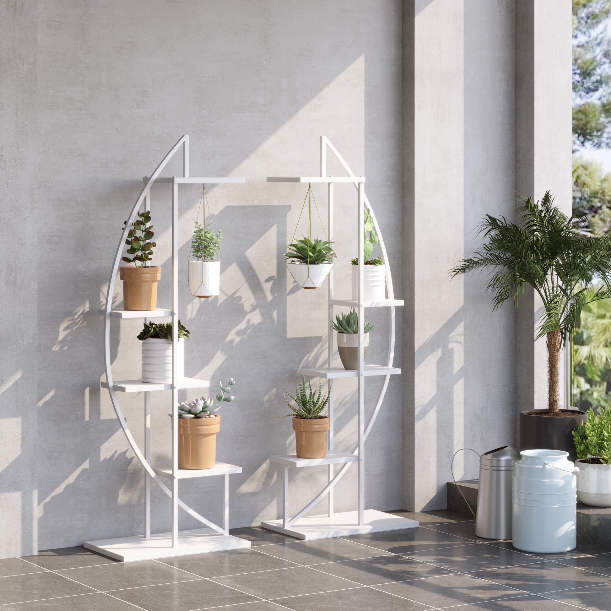 5 Tier Metal Plant Stand With Hangers, Half Moon Shape Flower Pot Display Shelf For Living Room Patio Garden Balcony Decor, White White Metal