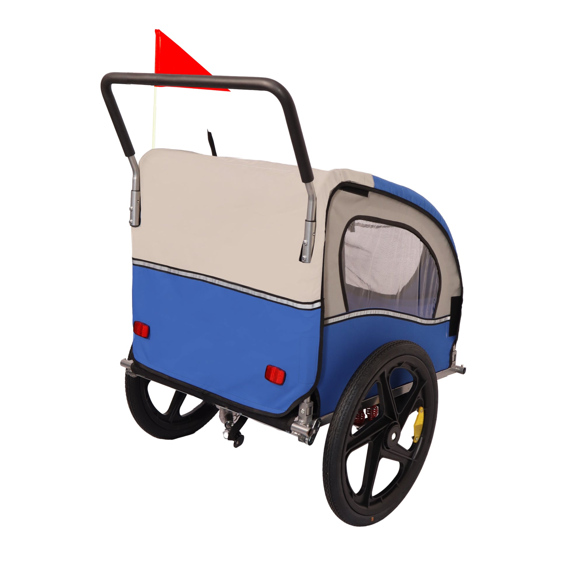 2 In 1 Double 2 Seat Bicycle Bike Trailer Jogger Stroller For Kids Children Foldable Collapsible W Pivot Front Wheel Blue Gray Fabric Steel