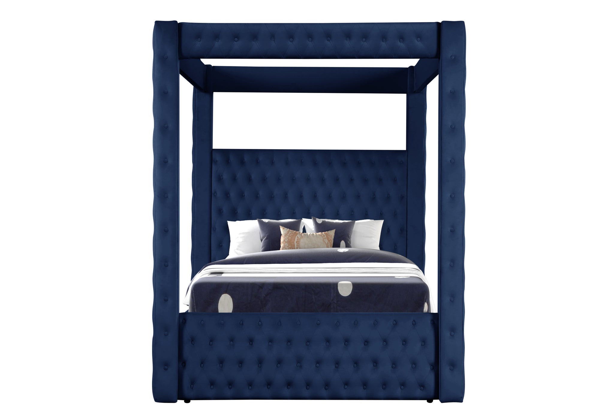 Monica Luxurious Four Poster Full Bed Made With Wood In Navy Box Spring Not Required Full Navy Wood Bedroom Modern Upholstered Velvet Wood
