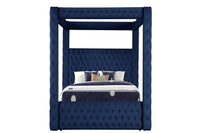 Monica Luxurious Four Poster Full Bed Made With Wood In Navy Box Spring Not Required Full Navy Wood Bedroom Modern Upholstered Velvet Wood