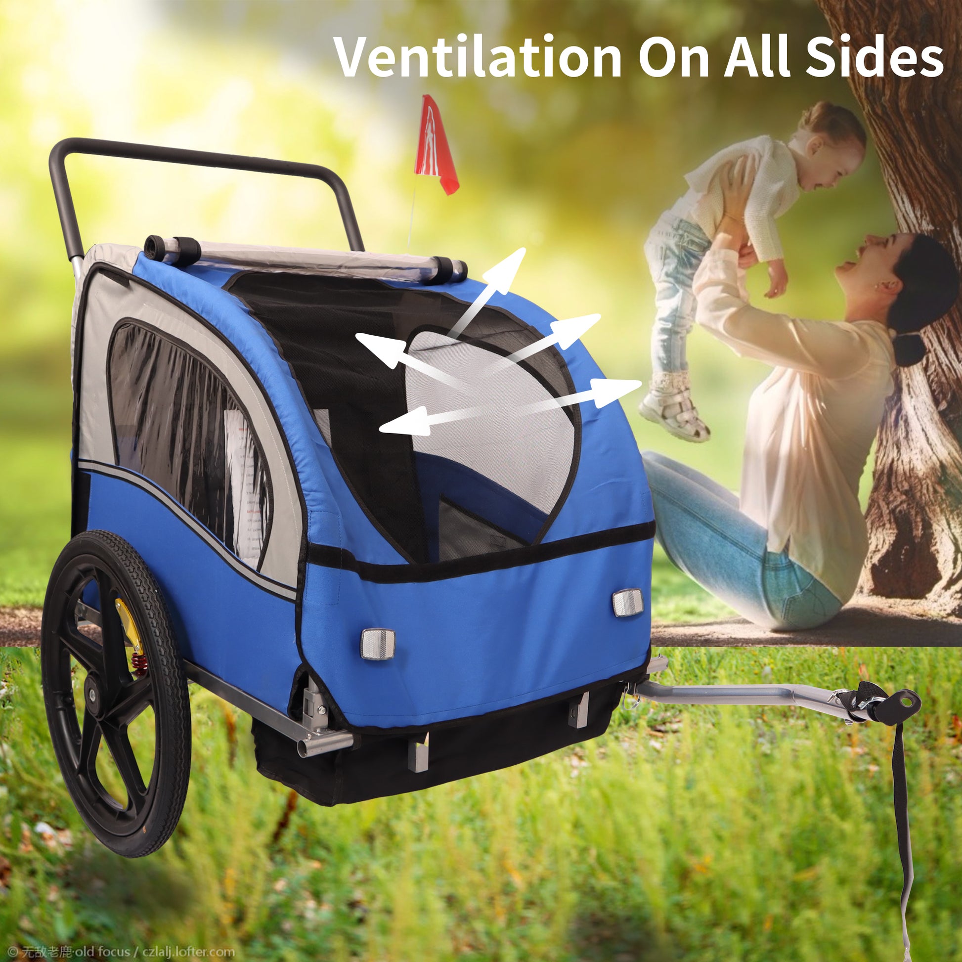 2 In 1 Double 2 Seat Bicycle Bike Trailer Jogger Stroller For Kids Children Foldable Collapsible W Pivot Front Wheel Blue Gray Fabric Steel