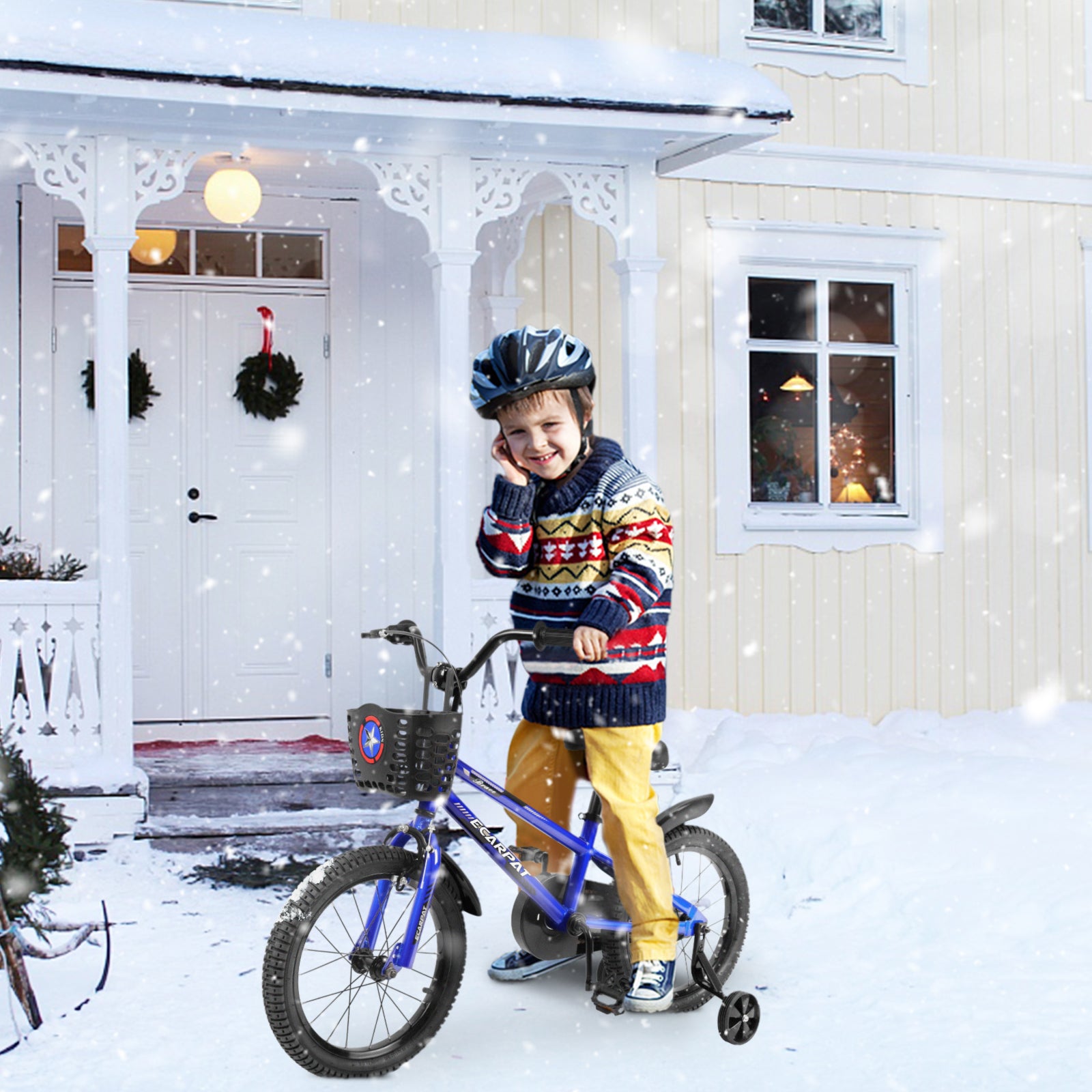 Kids Bike 16 Inch For Boys & Girls With Training Wheels, Freestyle Kids' Bicycle With Bell,Basket And Fender. Blue Steel