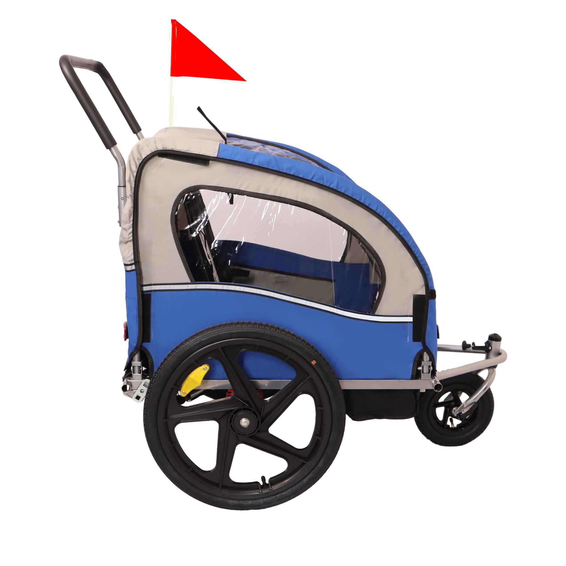2 In 1 Double 2 Seat Bicycle Bike Trailer Jogger Stroller For Kids Children Foldable Collapsible W Pivot Front Wheel Blue Gray Fabric Steel