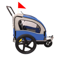2 In 1 Double 2 Seat Bicycle Bike Trailer Jogger Stroller For Kids Children Foldable Collapsible W Pivot Front Wheel Blue Gray Fabric Steel